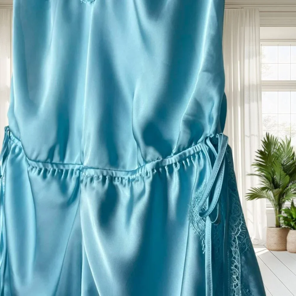 Victoria's Secret Medium Satin Side-Tie Teddy Romper Bodysuit Lace Blue - Picture 5 of 15